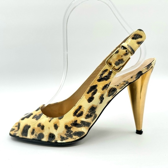 STUART WEITZMAN GOLD ANIMAL PRINTS SLING BACK HEELS OPEN TOE SHOE PATENT LEATHER - Picture 4 of 15